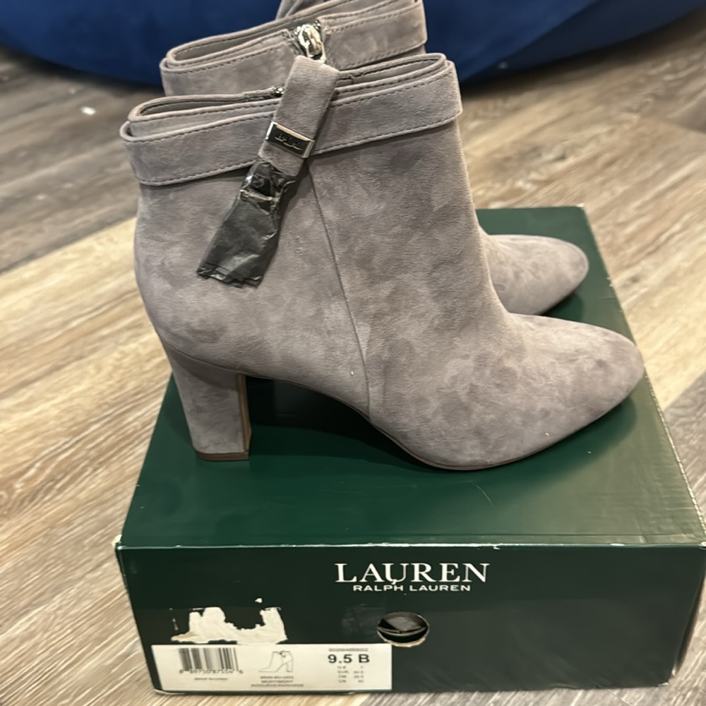 NIB Ralph Lauren grey sheep leather suede heeled ankle boot Brin booties 9.5 * - Picture 10 of 10